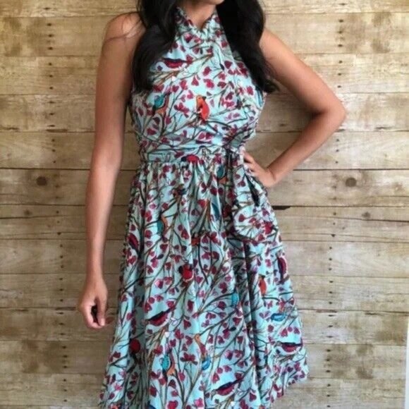 Modcloth Retrolicious Dress Birds Branches Surplice Neck Full Skirt Petticoat S - Picture 1 of 12